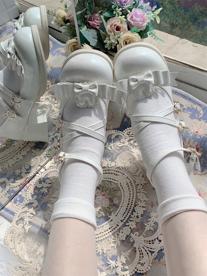 Detachable Lolita Mid-heel with Fastener Sweet White Mary Inspired Bunny Janes Accents Bow