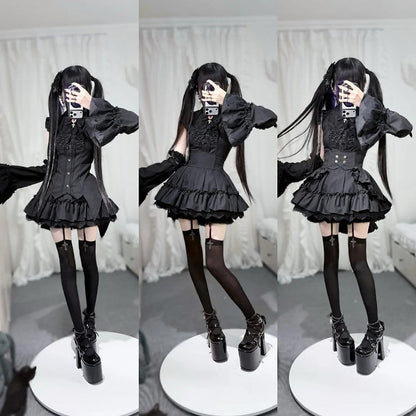 Double-Breasted Ruffle Cascading Gothic Corset Overlay with Belt Black