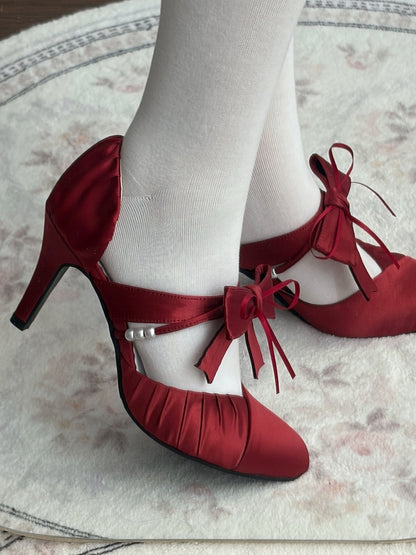 with Lolita Satin High-heel Toe Classic Accents Bow Red Pointed Shoes
