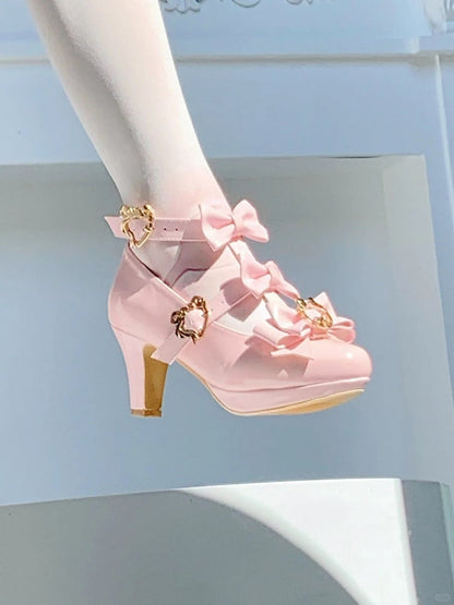 Heels with Rhinestone Removable Polished Bow Lolita 7cm Pointed Pink Toe Hime Light