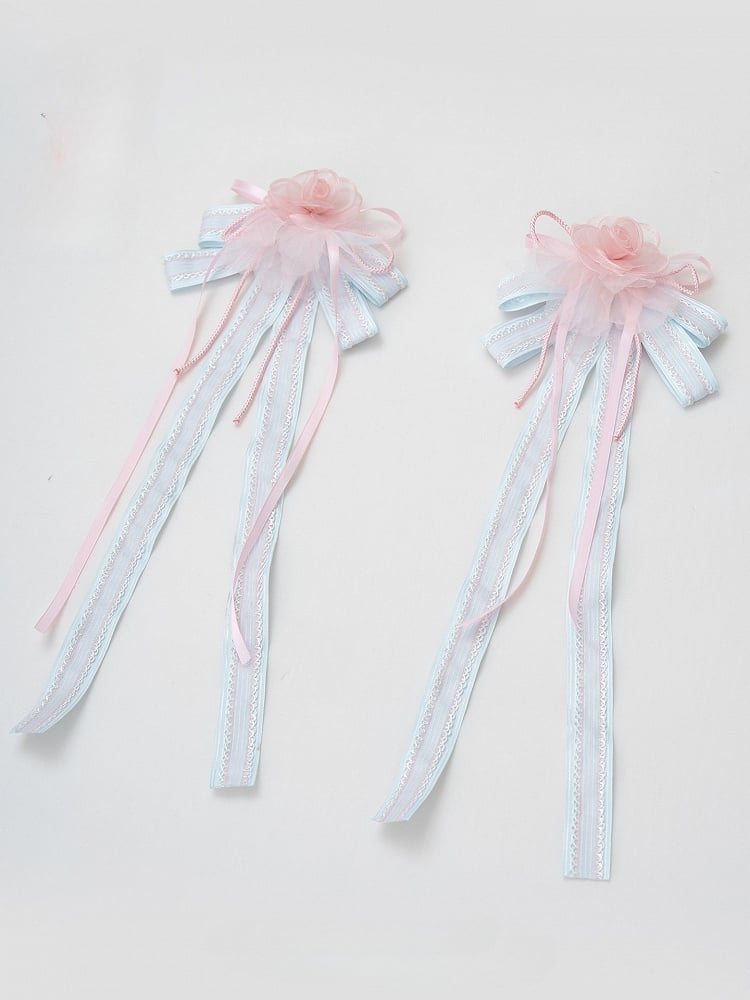Long Ribbons Blue Lolita Flower with Pink Lace Hairclips Streaming