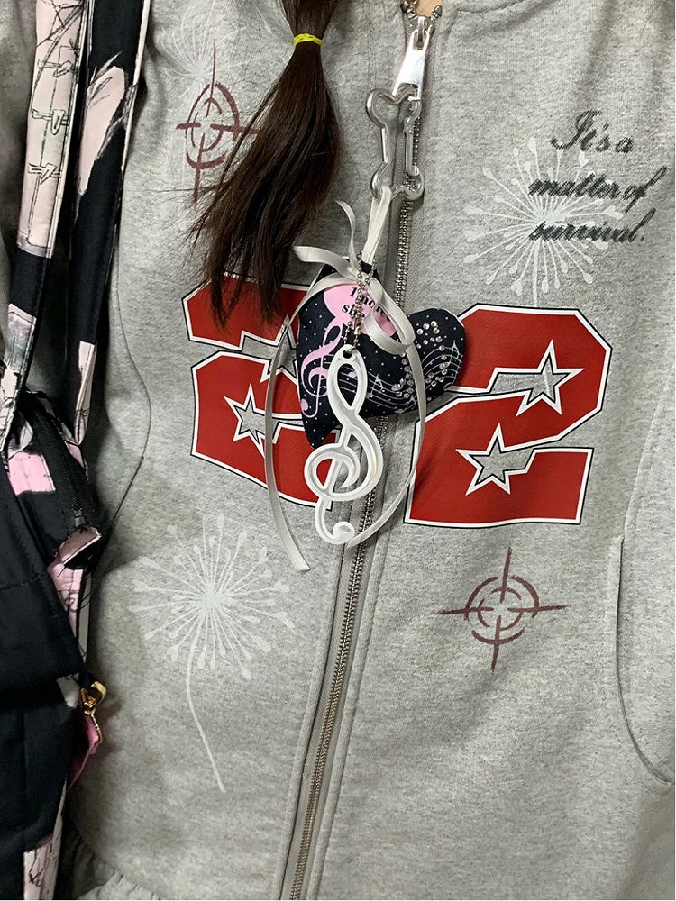 Tiered Hem with Dress Hoodie Number Ruffle Zip-Up Print Gray