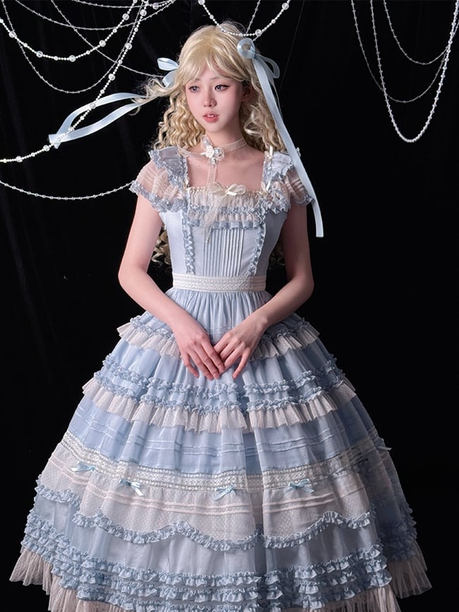 エレガントなトリムプリーツフリルクラシックロリータドレスブルーの詳細と