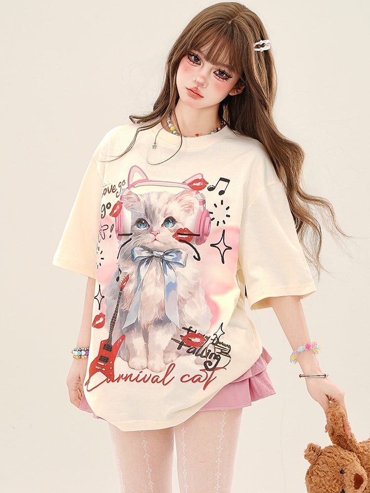 アプリコット/ピンクのスウィートキャットルーズTシャツ