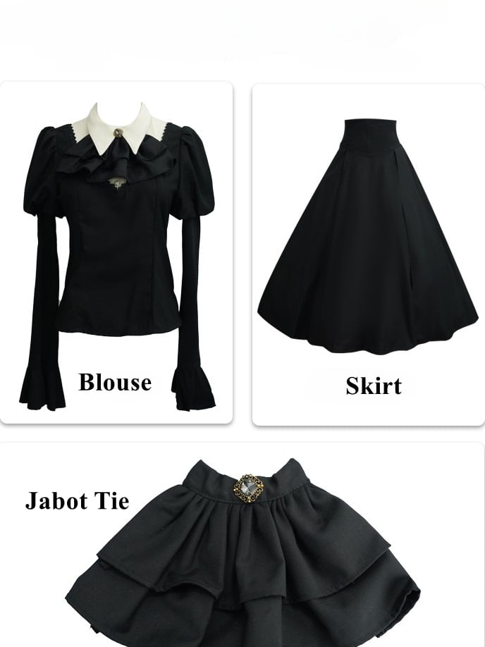 Juliette Lolita High Blouse White Waist Boned Sleeves Set Black Gothic + Corset Skirt Tie Jabot