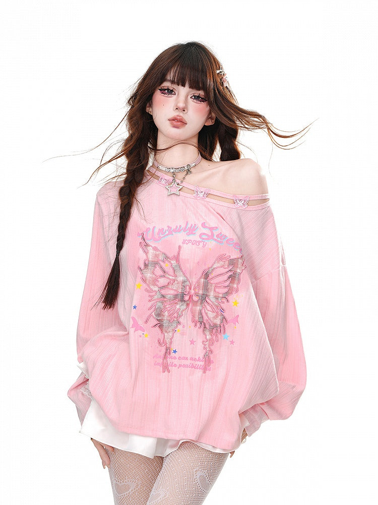 Graphic Pink/Apricot Asymmetrical Neckline Butterfly Embroidered Loose Top
