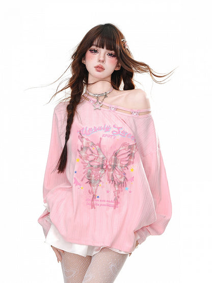 Graphic Pink/Apricot Asymmetrical Neckline Butterfly Embroidered Loose Top
