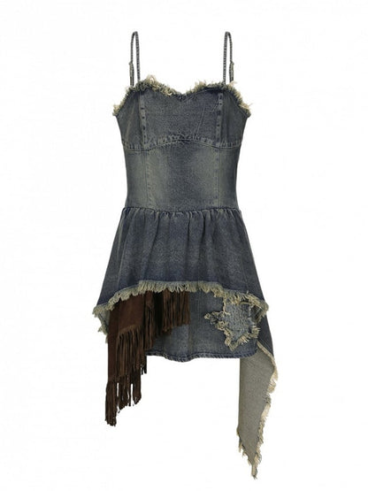Asymmetrical Hem Gray-Blue Star Slip Y2K Denim Layered Size Dress with Plus Patch Distressed