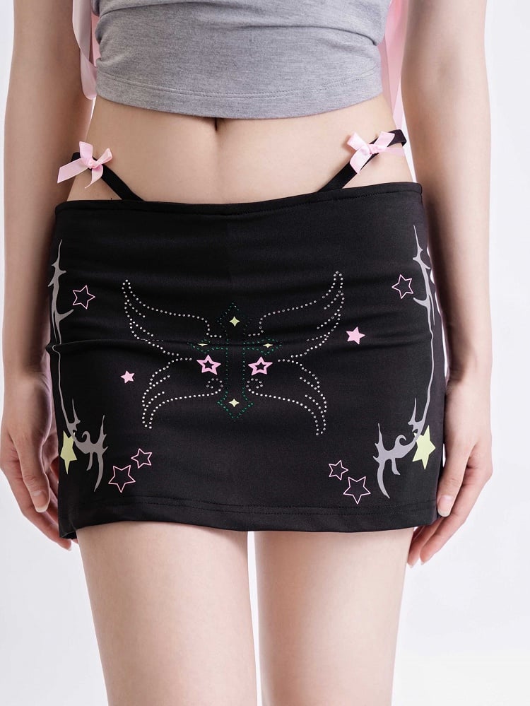 Lining and Rhinestone Star Design Y2K Gyaru Black Bodycon Skirt with Reflective