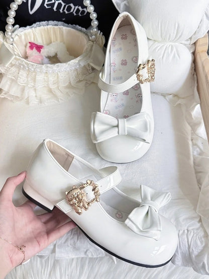 Janes Cat Lolita Clasp Details with Sweet White Low-heel Design Bow Mary