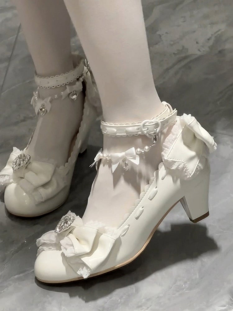 Crystal-Adorned Mid Heel Shoes with Butterfly Bow & Pearl Chain Elegant - Pastry Chef Lolita