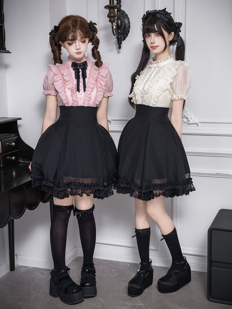 Beige Ruffled Blouse & Black Short Skirt Fake Two Pieces Lolita Dress - With PUJI