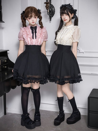 Beige Ruffled Blouse & Black Short Skirt Fake Two Pieces Lolita Dress - With PUJI