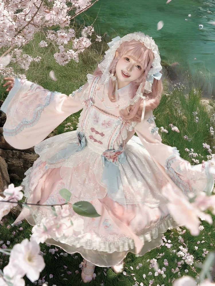 Long with Print Golden Blue Lolita and Sleeves Fish Pink Dress Floral Han