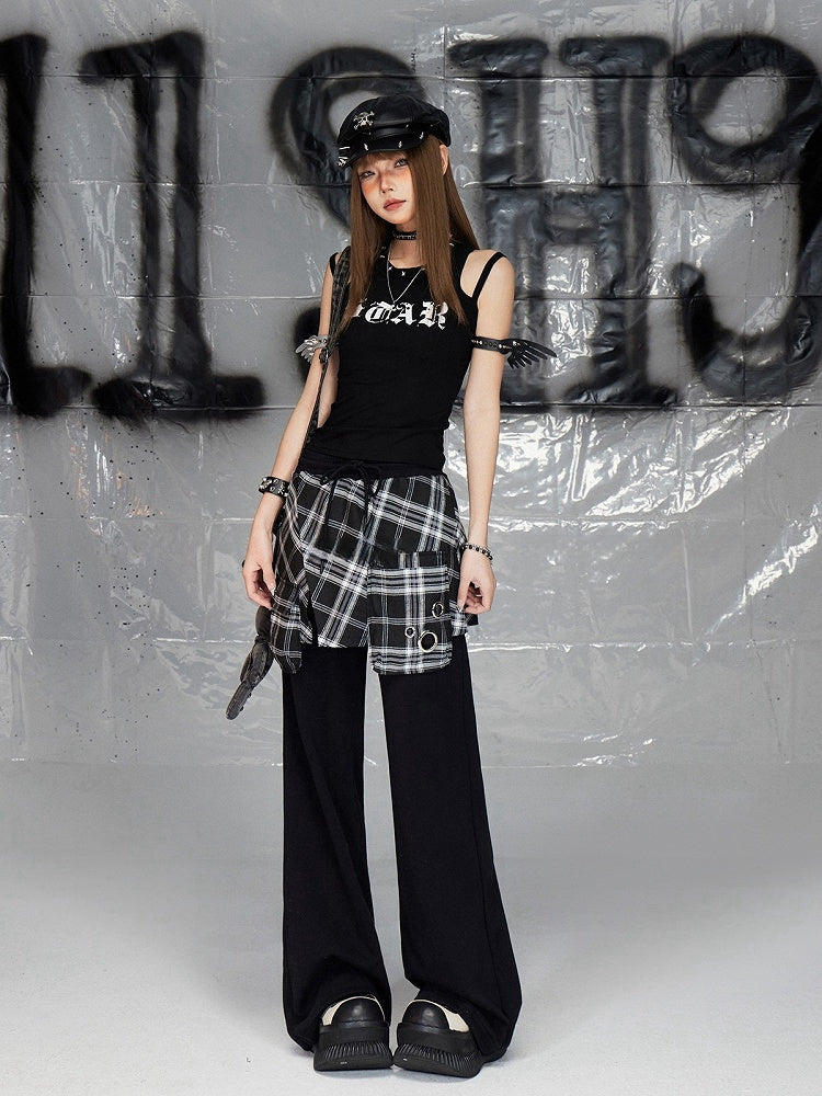 ブラックプリントデザイン ダブルショルダーストラップ ノースリーブトップス