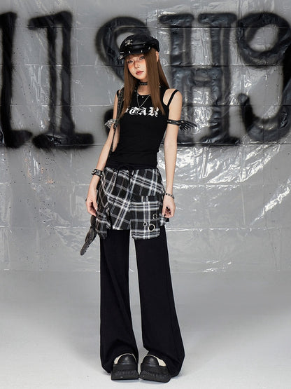 ブラックプリントデザイン ダブルショルダーストラップ ノースリーブトップス