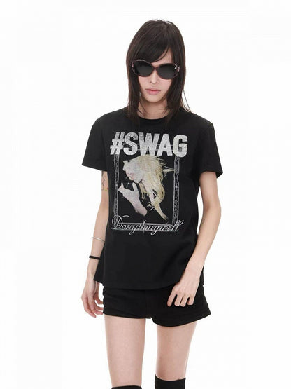 Genderless Punk Black Tee with Girl Rhinestone Print - DETW OnLine