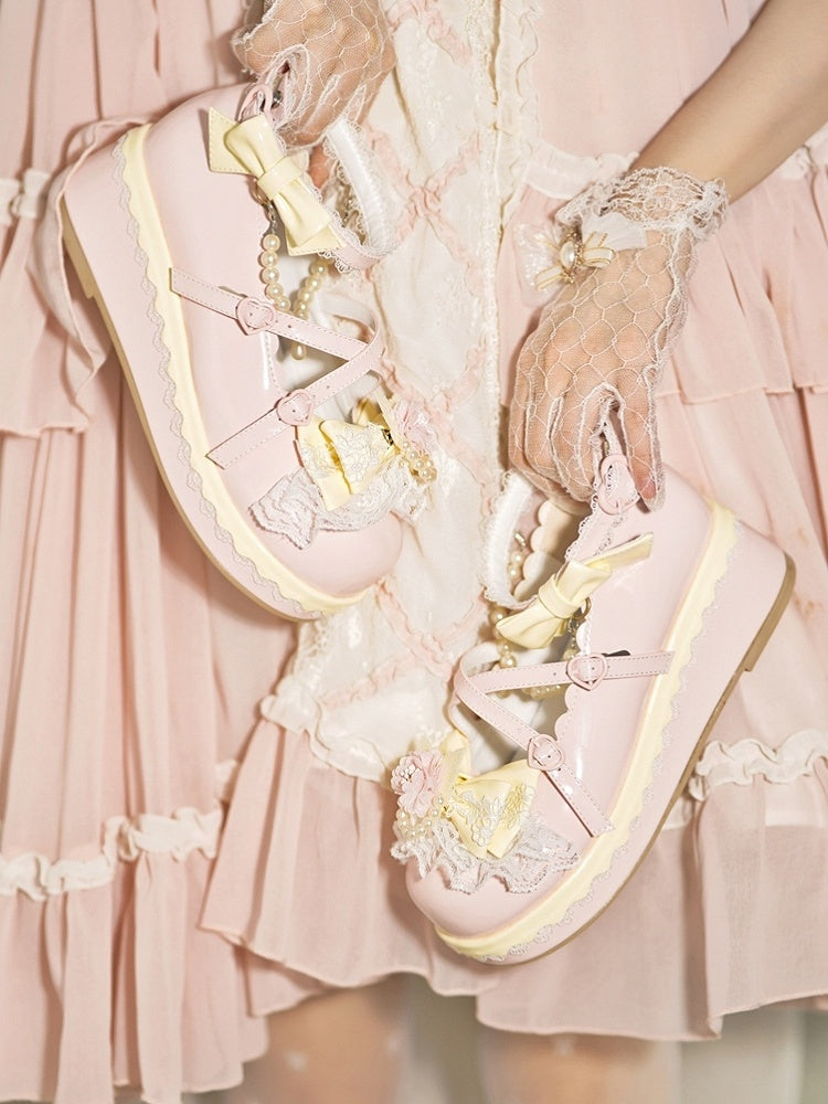 Blumen auf Plattformen Herzschleifendesign Perlenschnalle Kette Abnehmbare rosa Spitze mit Besatzoberteil