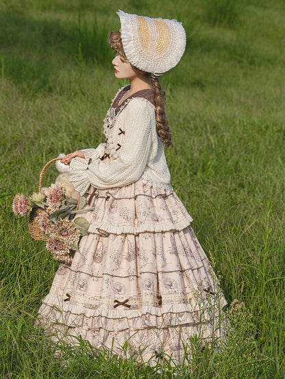 Beige & Brown Floral Print Tiered Ruffles Elegant Classic Lolita Dress + Crochet Lace Lolita Cardigan Set