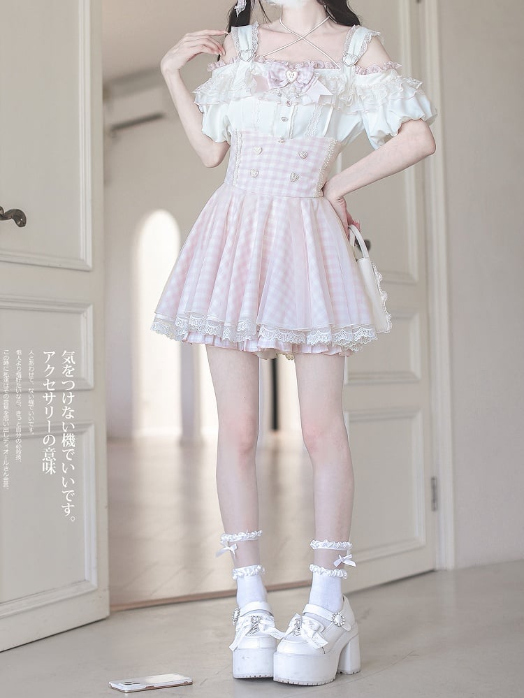 Top with Off-the-shoulder Jirai Kei Apricot Neckline and Pink Lace Trim