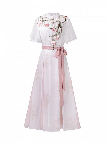 White and Pink Chinese Floral Embroidered Capelet with Chiffon Top and Skirt - Unknown Star
