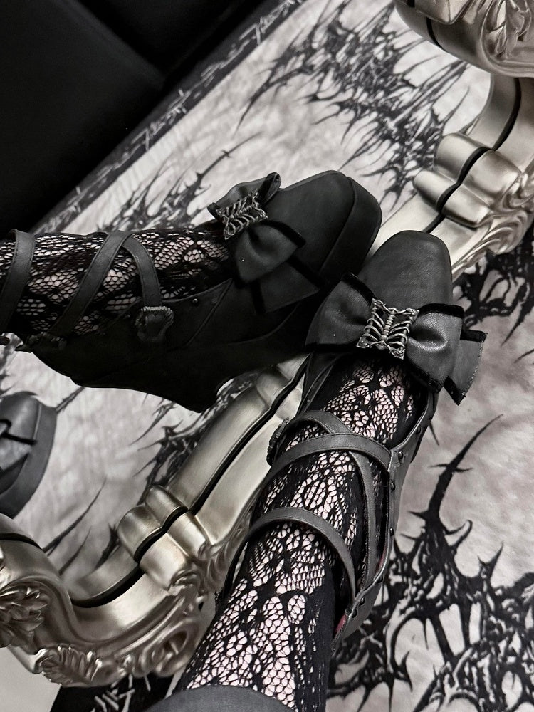 Matte Black Gothic Lolita 10cm Slope Heel Shoes with Butterfly Bow Accent - sphenoid