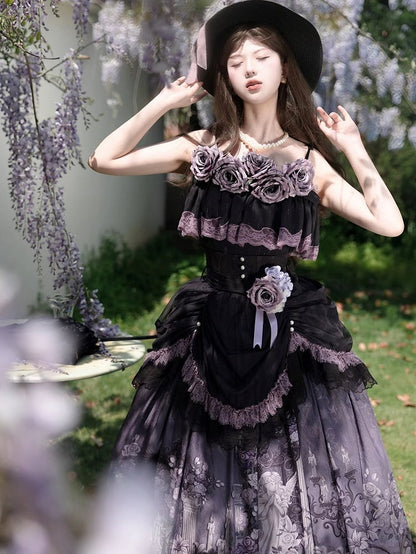 + with Lace Top Ruffled Classic Set Lolita Print Elegant Black Purple Floral Trim Skirt