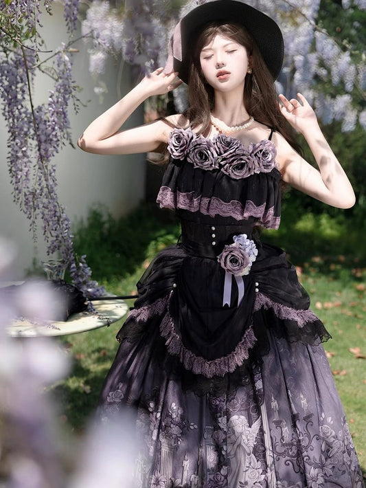 + with Lace Top Ruffled Classic Set Lolita Print Elegant Black Purple Floral Trim Skirt