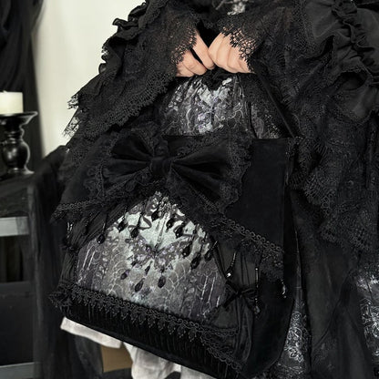 Black and Butterfly Print Bow Bag Shoulder Decoration with Lolita Tassel Gothic Bead