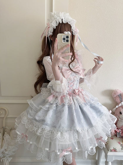 Jacquard Only Princess Dreamy Blue Train with Details JSK Ruffled Bow / Lace Dress Embossed + Lolita