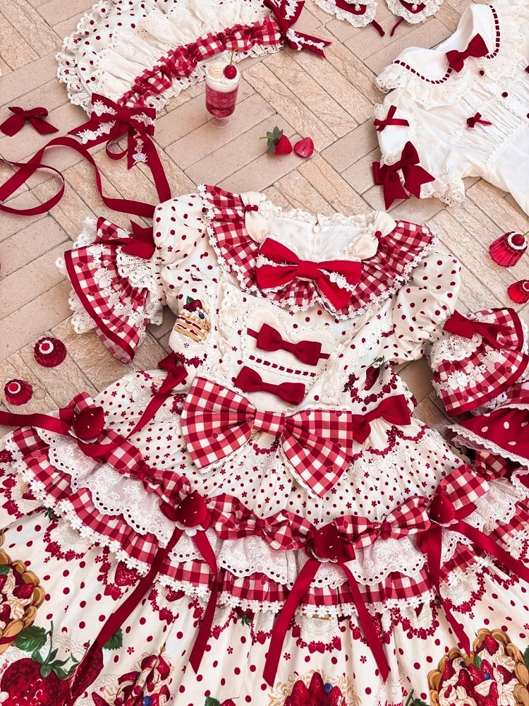 Puff Ruffle Sweet Dress Strawberry Lolita White Sleeves with Hem Red Cake Print