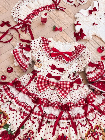 Puff Ruffle Sweet Dress Strawberry Lolita White Sleeves with Hem Red Cake Print