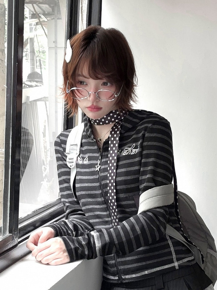 Striped with Gray Jacket Black Accents Rhinestone Star-shaped Zipper Closure Y2K