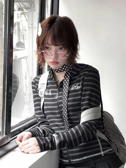 Striped with Gray Jacket Black Accents Rhinestone Star-shaped Zipper Closure Y2K