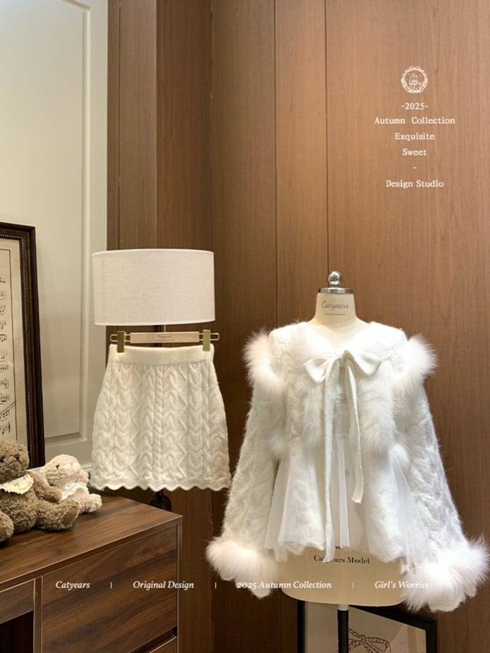 Skirt Knit Top Set Vintage Cable-Knit Frayed-Trim Wool Luxe