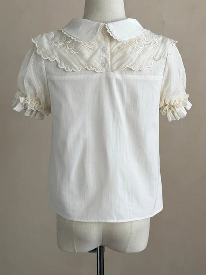 Sweet Lolita Blouse with Embroidered Collar and Puff Sleeves - Treasure House
