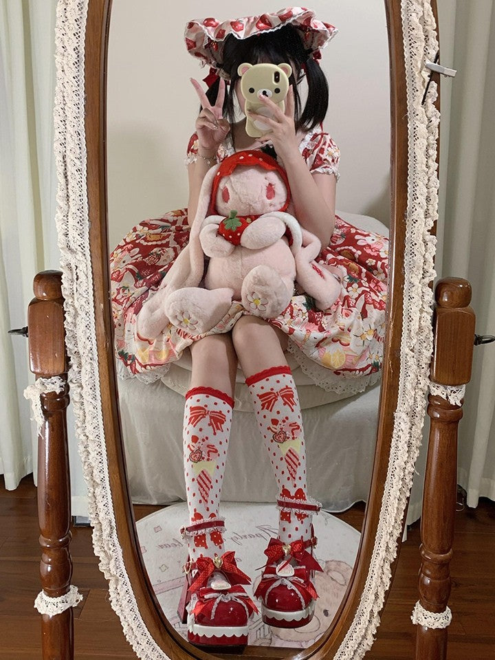 - Bow Lolita High Closure Heels Details Heart Strawberry Modifiable Themed Sweet Block Red