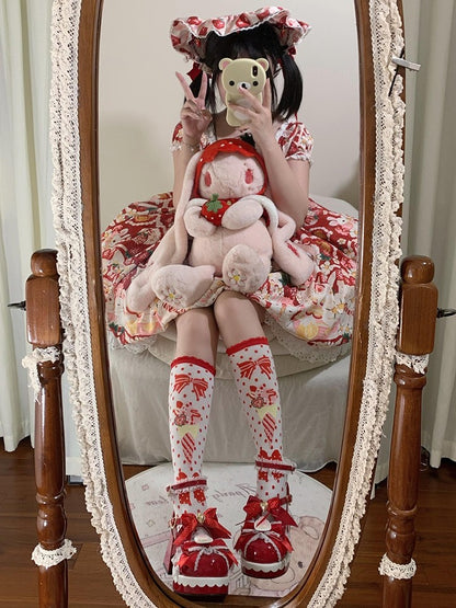 - Bow Lolita High Closure Heels Details Heart Strawberry Modifiable Themed Sweet Block Red