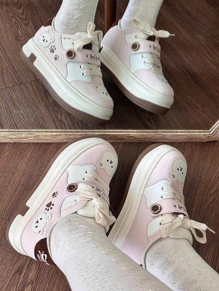 Lace-up Lolita Design with in Print Pink Paw Closure Platform Velcro Sweet Removable Sneakers