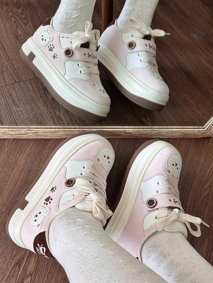 Lace-up Lolita Design with in Print Pink Paw Closure Platform Velcro Sweet Removable Sneakers
