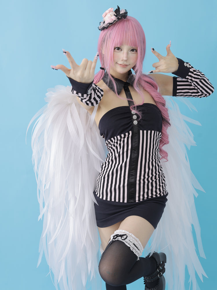 Striped Strapless Bodycon Dress with Adjustable Length and Detachable Sleeves Hime Gyaru Blue/Pink