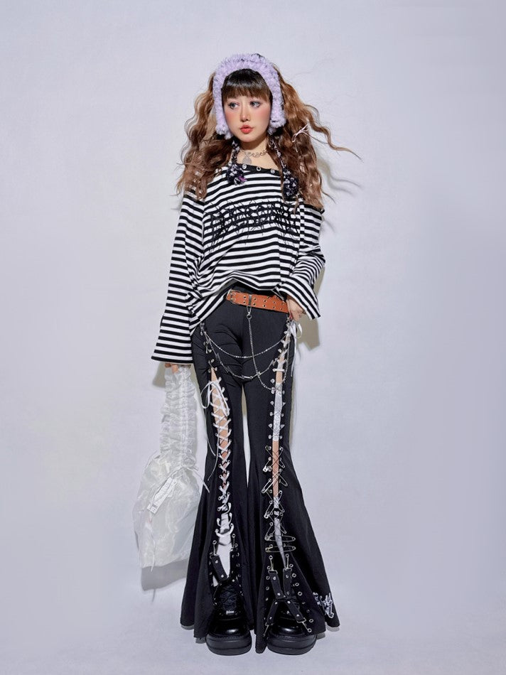 Design with Black and Flared Detailing Lace-Up Pants Pin Safety Symmetrical Slit