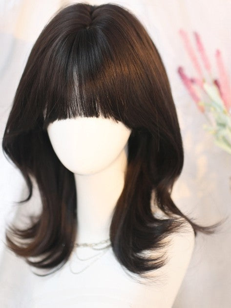 Gewellte Air-Perücke mit Schulterpartie, Schwarz, 35–40 cm, Ponylänge, Tee