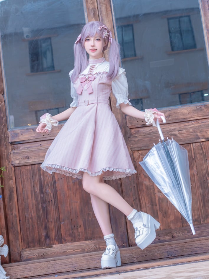 Design Lace Trim Pink Striped Criss-cross Kei Dress with Detachable Neckline Bow Jirai