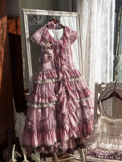 House Ruffle Dress Front Self-tie Straps Purple Cascading Placket Style Pink Lolita