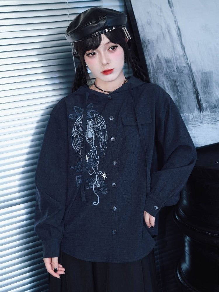 Navy Long Sleeve Hooded Shirt with Sea Angel Graphic Print - Quirky Hut