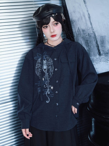 Navy Long Sleeve Hooded Shirt with Sea Angel Graphic Print - Quirky Hut