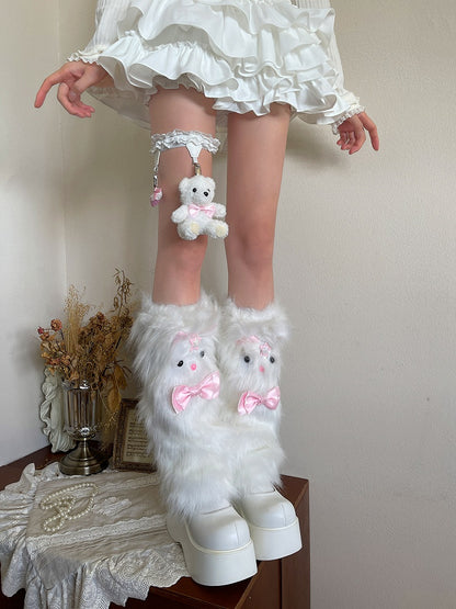 Pink Warmerswith Leg Decoration Kitty Bow Plush White