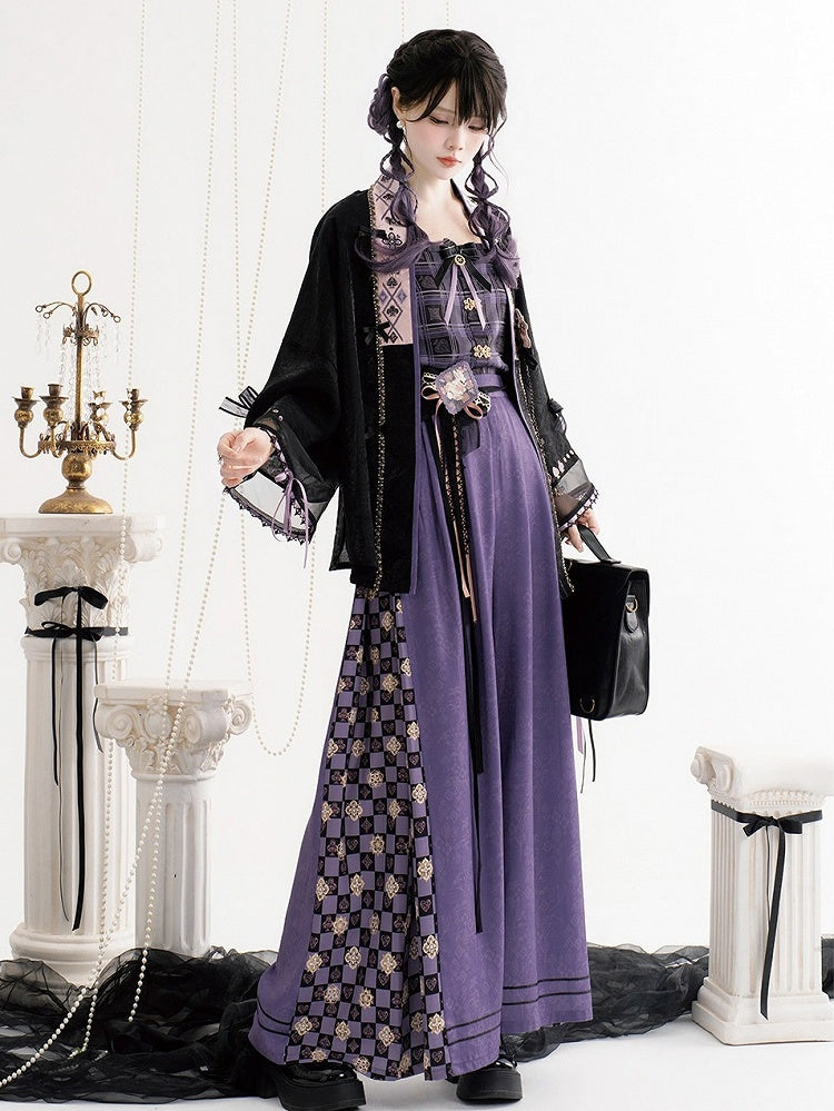 Checked Pattern Chinese Song-style Elastic Waist Wide-leg Pants - Luo Xiu Dong Xiang
