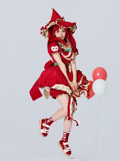 Red Ruffled Sweet Lolita Fluffy OP Dress Full Set